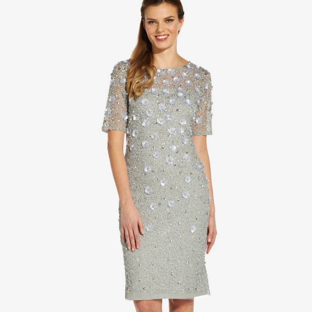 Adrianna Pappell BEADED COCKTAIL DRESS IN BLUE MIST size 8